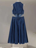 Bonnyshow  Lapel Hollowed Out Women Jeans Dresses Sexy Stand Collar Metal Button Open Waist Sleeveless Split Spring Autumn Lady Denim Dress