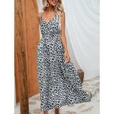 Bonnyshow Summer Leopard Print Camisole Mid Length Dress with European and American Style High Waisted V-neck Dress