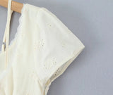 Bonnyshow  Retro Beige Hollow Out Embroidery Mini Dress Sweet Girl Short Sleeve A-line Slim Summer Dresses Holiday Robe