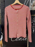 Bonnyshow  Sweet Red Striped Slim Long Sleeve T-shirt Women Preppy Style O-neck Single Breasted Cotton Tee Shirts Cute Basic Simple Top New
