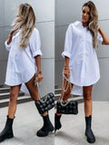 Bonnyshow Elegant Women's White Blouse Casual Top Spring/Summer 2023 Simple Loose Fit Long Sleeve V-Neck Button Long Shirt S-XXL