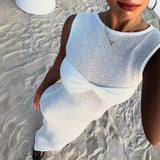 Bonnyshow White Knitted Long Dress Women Sexy See Through Slim Beach Dress Summer Elegant Fashion Sleeveless Holiday Outfits 2024 Pink