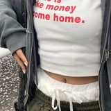 Bonnyshow American retro Y2K Gothic letter print white short sleeved t-shirt women's slim fit exposed navel top
