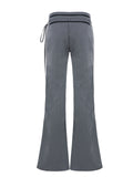 Bonnyshow  Ladies Casual Grey Flared Pants Chic Leather Striped Patchwork Low Rise Casual Pants Streetwear y2k Trouser Korean Style