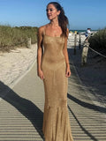Bonnyshow  Sexy Glitter Low Cut Long Beach Dresses Women Chic Sleeveless Shiny Pleated Hem Sling Dress Female Spring Party Holiday Vestidos