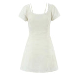 Bonnyshow  Retro Beige Hollow Out Embroidery Mini Dress Sweet Girl Short Sleeve A-line Slim Summer Dresses Holiday Robe