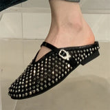 Bonnyshow  Fashion Design Crystal Rhinestone Round Toe Buckle Strap Mules Slippers Women Elegant Low Heels Casual Party Dress Shoes