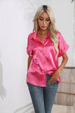 Bonnyshow  Women Summer Style Satin Blouses Shirts Lady Casual Short Sleeve Turn-down Collar Solid Color Blusas Tops