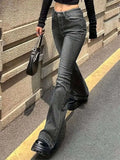 Bonnyshow Vintage Flared Stretch Jeans Women High Waist Skinny Boot Cut Gray Denim Pants Y2K Punk Streetwear Wide Leg Trousers