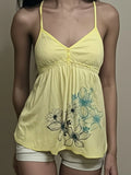 Bonnyshow  Fashion Floral Prints Sweet Ruched Women Camisole Tops Summer Chic Design V-Neck Blouses