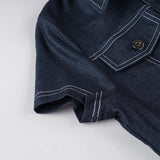 Bonnyshow  Retro Workwear Pocket Shirt Fashion Streetwear Women Y2K Button Up Tee Dark Blue Short Sleeve Fitted Crop Top Lady