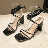 Bonnyshow  Sandals, size 2025 women's shoes, worn with square toe straps, thick heel, Roman European straps, trendy
