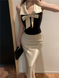 Bonnyshow  Bow temperament collar hanging neck vest satin fish tail half skirt two-piece set women's summer fashion beautiful set