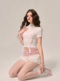Bonnyshow  Women Summer Half High Collar Short-sleeved Bow Short T-shirts + College Style Girlish Spliced Lace Cake Culottes Two-piece Set