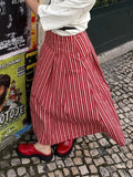 Bonnyshow  SummerRed Striped Long Skirt Women Zipper High Waist Loose Simple Midi Skirts Streetwear Fashion Casual A-line Faldas 2025 New