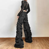 Bonnyshow Vintage High Waist Drawstring Black Casual Pants Women 2025 Spring New Streetwear Pleated Loose All Match Wide Leg Pants