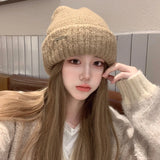 Bonnyshow Winter Knit Beanie Hat Women Korean Solid Color Warm Loose Cap Autumn Thicken Crochet Woolen Hats Female Lady Skullcap