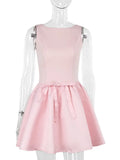 Bonnyshow  Elegant Sleeveless Bow Pleated Mini Dress For Women Spring 2025 Featuring Hip Hugging Slim Fit Backless Party Vestidos