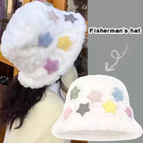 Bonnyshow Cute Star Plush Bucket Hat  Women Winter Warm Thicken Female Fisherman Cap Y2K Sweet Girls Ear Protection Hats