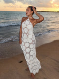 Bonnyshow  Retro Knitted Hollow Halter Beach Dress Lady Sexy Backless Sleeveless Lace Up Slim White Long Dresses Female Summer Chic Holiday