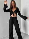 Bonnyshow New Women's Summer Loose Casual Long Sleeved Pants Set Comfortable Fashion Home Clothes Solid Color Basic Pajamas Set