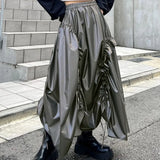 Bonnyshow Gray Shirring Maxi Skirts for Women Fashion High Waist Irregular A-line Skirt Autumn Winter Vintage Ruffle Y2K Skirt