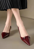 Bonnyshow  New Summer French Wine Red Pointed Patent Leather Mid-heel Overhead Sandals for Women Retro Skinny Heel Back Empty Shoes