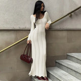 Bonnyshow Sexy Hollow Out Knitted Maxi Dress For Women White Long Sleeve Off Shoulder Slim Vacation Beachwear Long Dresses