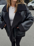 Bonnyshow Retro Brown Leather Women's Jacket Winter Warm Plush Lining Windproof Coats Fashion Casual Loose Turndown Collar Women Coat