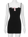 Bonnyshow  Summer Mini Night Dress Hot Club Outfits Bodycon Dress For Women Spaghetti Strap Sexi Clothing Pink Bow Tie Vestidos De Mujer
