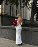 Bonnyshow  Summer New Female Beach Vacation Party Robes Women Backless Sling Dress Sexy Slim V Neck Sleeveless Split Maxi Dresse