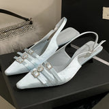 Bonnyshow  Luxury Crystal Buckle Kitten Heel Design Brand Pumps Women Fashion Pointed Toe Narrow Band Dress Shoe Elegant Wedding Bride Shoe