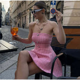 Bonnyshow  Sexy Off Shoulder Women 's Mini Dress Solid Backless Sleeveless Unique Button Dressess Lady 2025 Summer New Lady Beach Vestidos