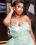 Bonnyshow Luxury Sparkle Beaded Lace Split Long Evening Dresses With Overlay  Pretty Mint Green Sexy African Maxi Dresses Aso Ebi Gowns