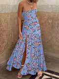 Bonnyshow  Women Off Shoulder Ruffle Dress Elegant Floral Print High Low Hem Maxi Dress for Wedding Party Prom Evening Gown Beach