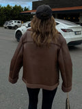 Bonnyshow Retro Brown Leather Women's Jacket Winter Warm Plush Lining Windproof Coats Fashion Casual Loose Turndown Collar Women Coat