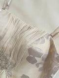 Bonnyshow  Women's Elegant Beige Chiffon Maxi Dress Floral Print Strap Formal Evening Gown Prom Party With Embellished Waist