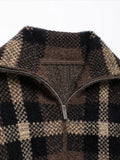 Bonnyshow  Vintage Plaid Zipper Sweater Coat Women Elegant Knitted Thick Brown Sweaters With Pockets Female Versatile Street Daily Outwear