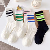 Bonnyshow Colorful Striped Socks for Women Spring Summer Breathable Cotton Sport Sock Korean Solid Color Lady Middle Tube Socks