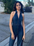 Bonnyshow Y2k Denim Jumpsuit Women New V-Neck Sleeveless Slim Bodycon Jumpsuits Overalls Streetwear One Piece Outfits Jeans