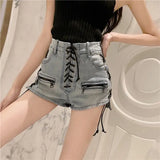 Bonnyshow Summer Bandage Sexy Denim Shorts Blue Women Streetwear Jeans Mini High Waist Slim Lace Up Casual Zipper Goth Club Fashion