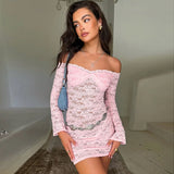 Bonnyshow  Sexy Off Shoulder See-Through Lace Dress For Women Long Sleeve Elegant Slim Solid Splice Beach Evening Mini Dress Female