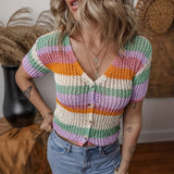 Bonnyshow  Women Summer Single Breasted Striped V Neck Knitted Sweater Caridgan Hollow Out Short Sleeve Sweet Temperament Slim Top Casual