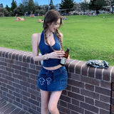 Bonnyshow  Summer sexy hot girl V-neck hanging neck denim vest top and Hip hugging skirt two-piece set temperament leisure suit