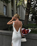 Bonnyshow  Summer New Female Beach Vacation Party Robes Women Backless Sling Dress Sexy Slim V Neck Sleeveless Split Maxi Dresse