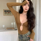 Bonnyshow V-neck Hollow Solid Color All Match Long-sleeved T-shirt Women 2024 Autumn New Streetwear Sexy Slim Casual Bodysuit