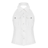 Bonnyshow  Fashion Solid Hottie Safari Style Simple Women Halter Shirts Pocket Slim Fit Backless Summer Blouses