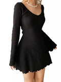 Bonnyshow Women Solid Color Ribbed Long Sleeve V-Neck Slim Fit Party Mini Dress Fashion Spring Autumn Slim A-Line Dress