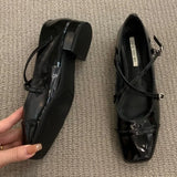 Bonnyshow  Medium Heeled Mary Jane Single Shoes   New Women Shoes Retro Thick Heeled Ballet Shoes Cross Buckle Shallow Soft Sole Shoe
