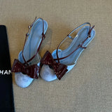 Bonnyshow  Bow Narrow Band Design Brand Pumps Women High Quality Faux Suede Round Toe Square Heel Slide Sandals Fashion Elegant Dress Shoes